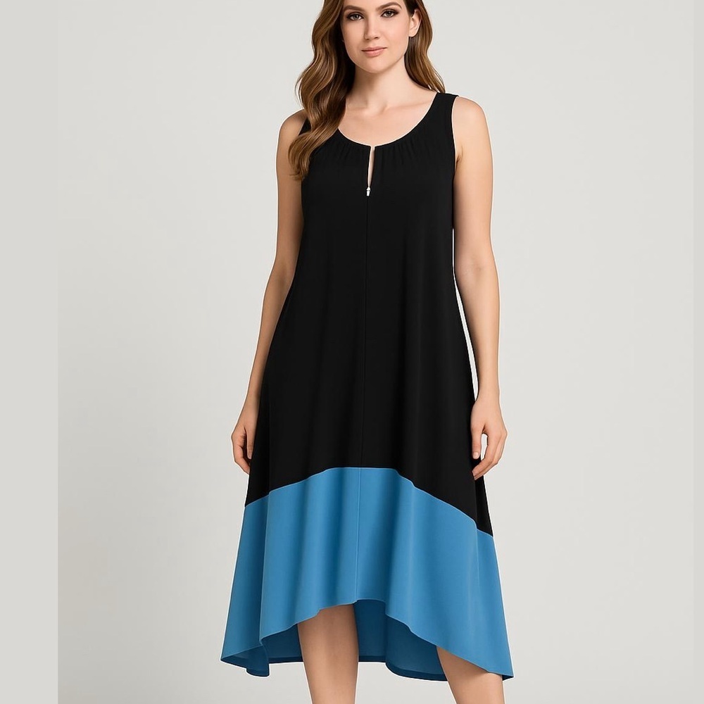 Ashley Stewart Color Block Assymetrical Hem Midi Dress Stretch Cutout Boho Party